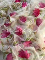 Cherry Lotus Bouquet Hand Painted Saree