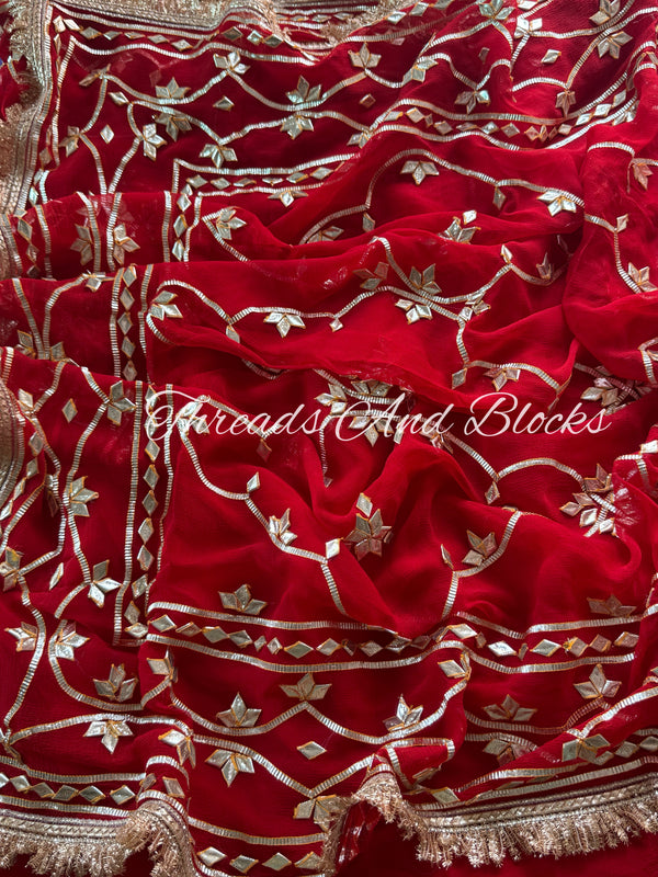 Red Kachi Patti Kiran Border Saree