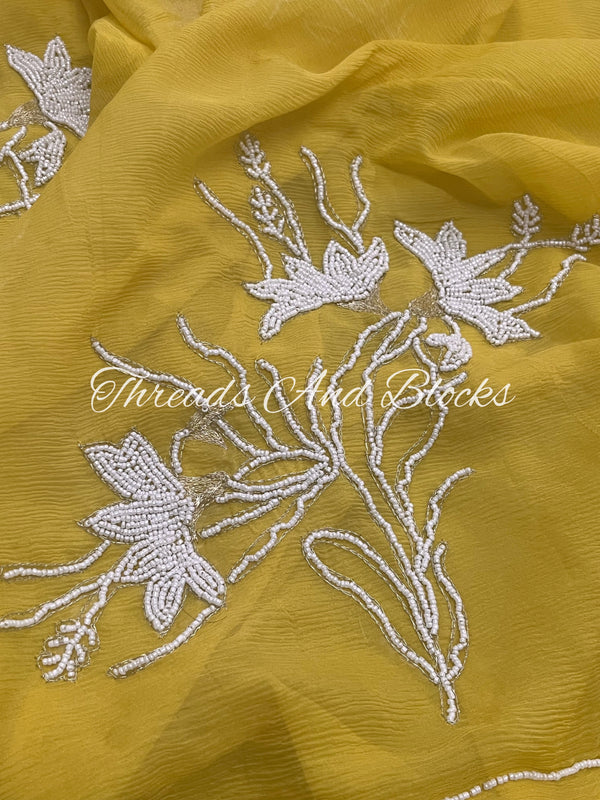 Yellow Pearl Zari Buta Saree