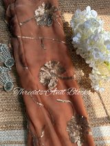 Rusty Peach Sequin Floral Border Saree