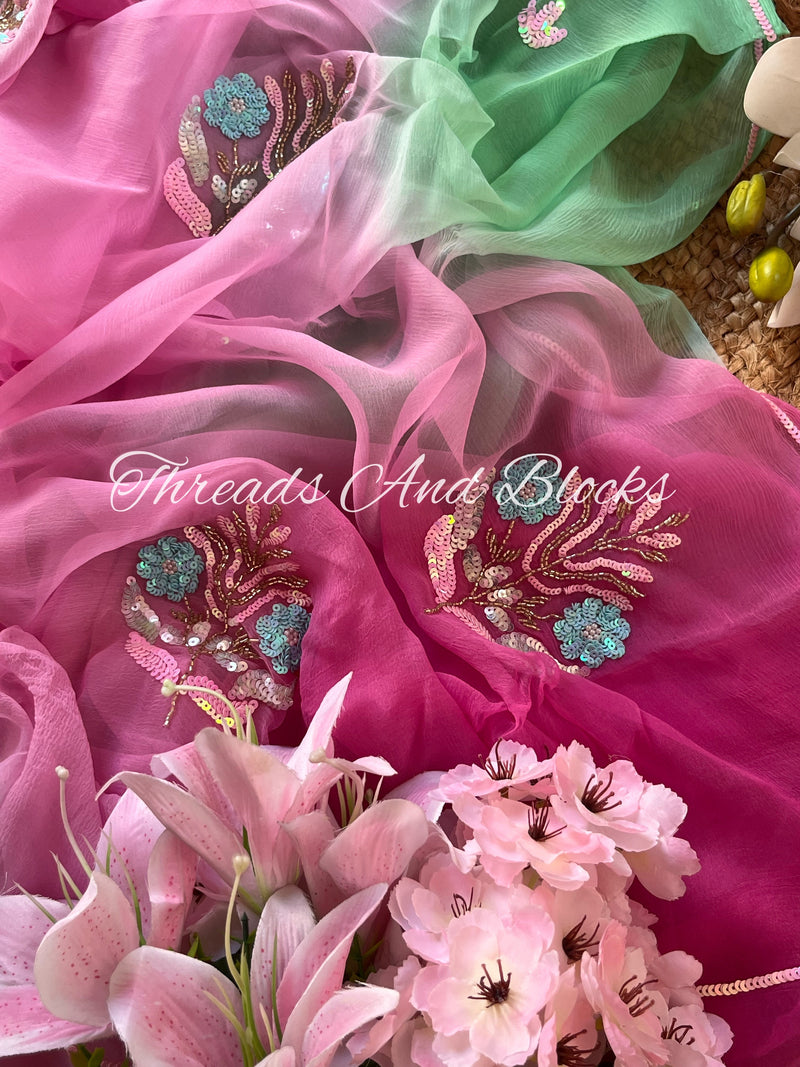 Pink Green Shahi Floral Buta Saree