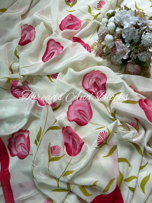 Song of the Tulips Hand Painted Saree