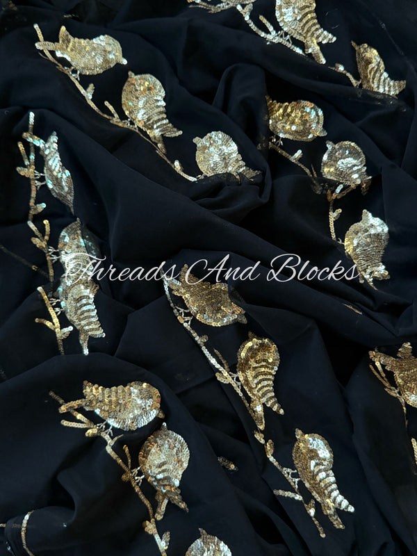 Black Chirpy Birds Chiffon Saree