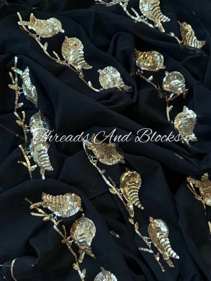 Black Chirpy Birds Chiffon Saree