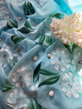 Powder Blue Organza Daisy Hand Painted Saree