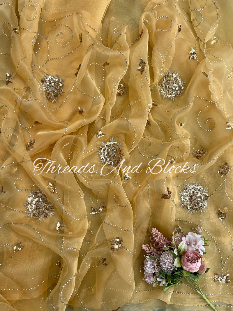 Gold Tissue Zardosi Rose Jaal Saree