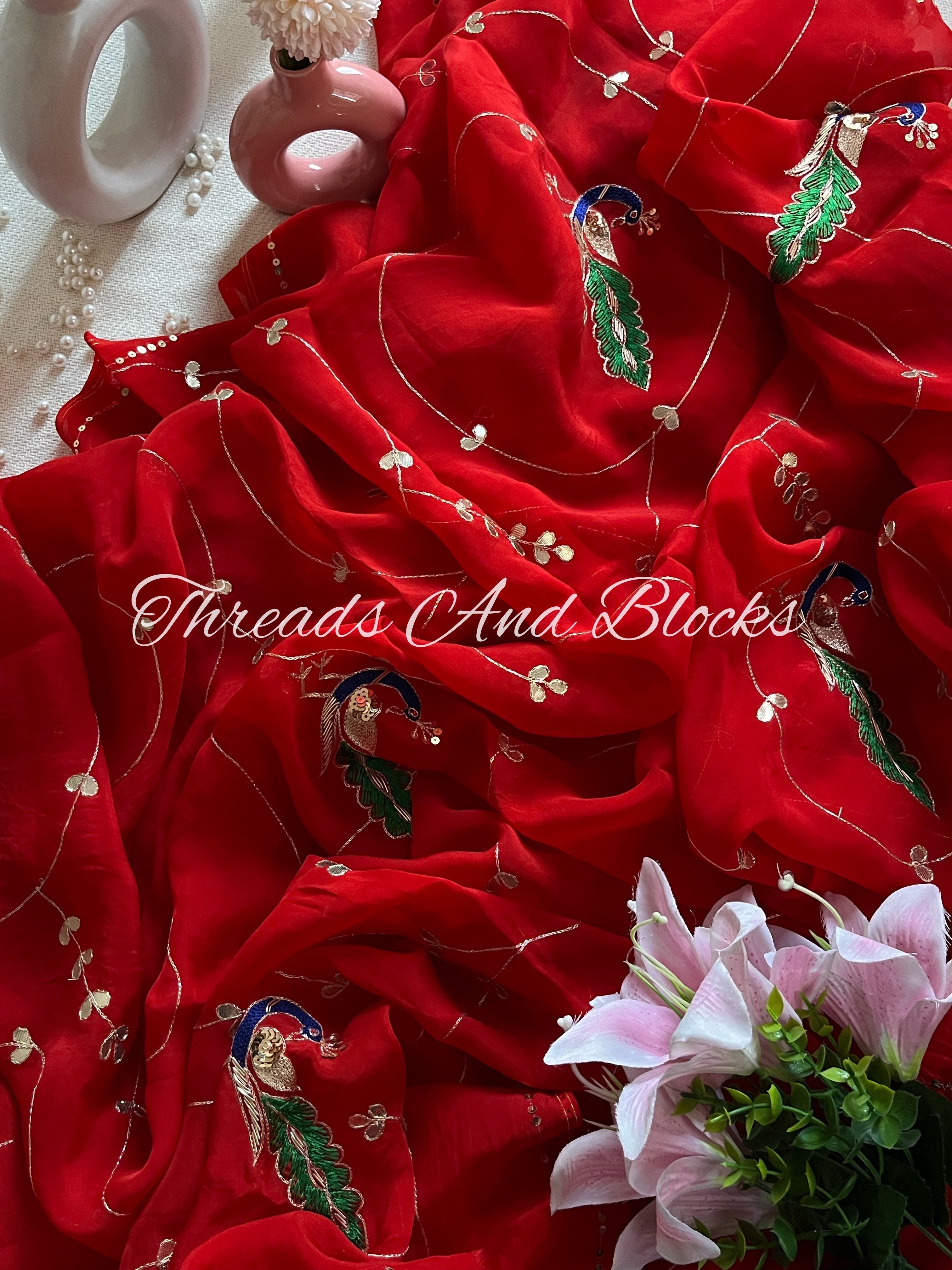 Red Organza Peacock Jaal Saree