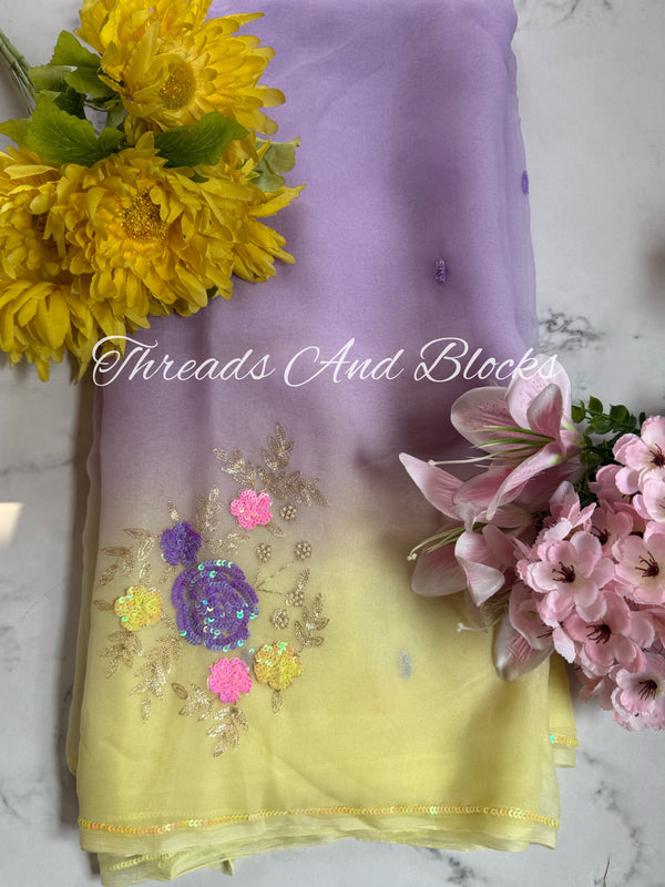 Lemon and Lavender Floral Bunch Saree