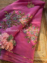 Pink Silver Gold Sequin Buta Saree