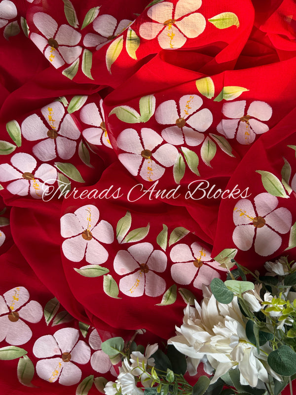 Red Hibiscus Hand Painted Saree