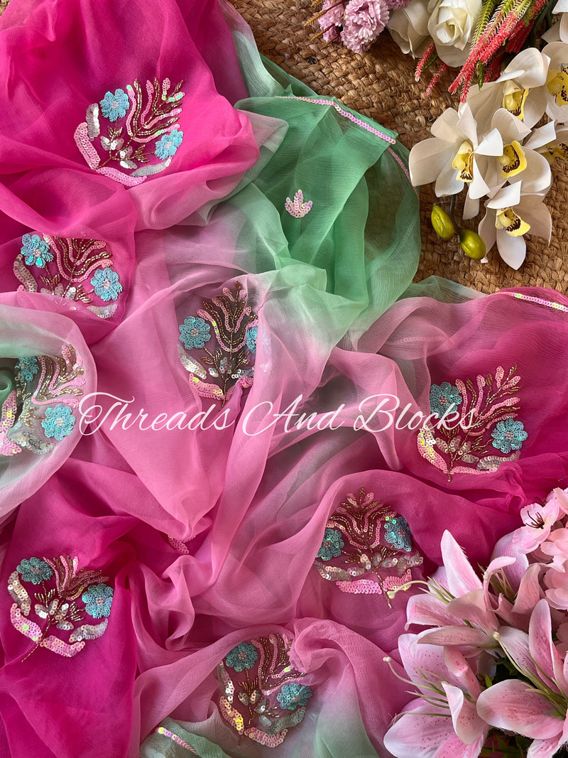 Pink Green Shahi Floral Buta Saree