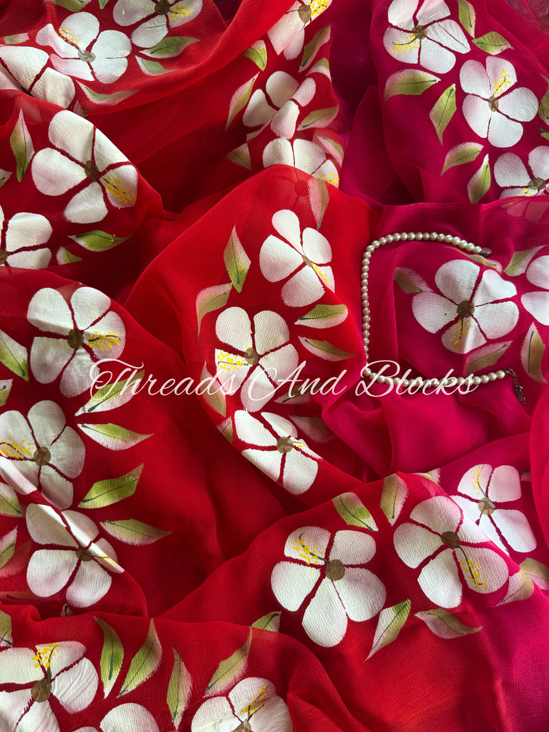 Berry Pink and Red Hibiscus Saree