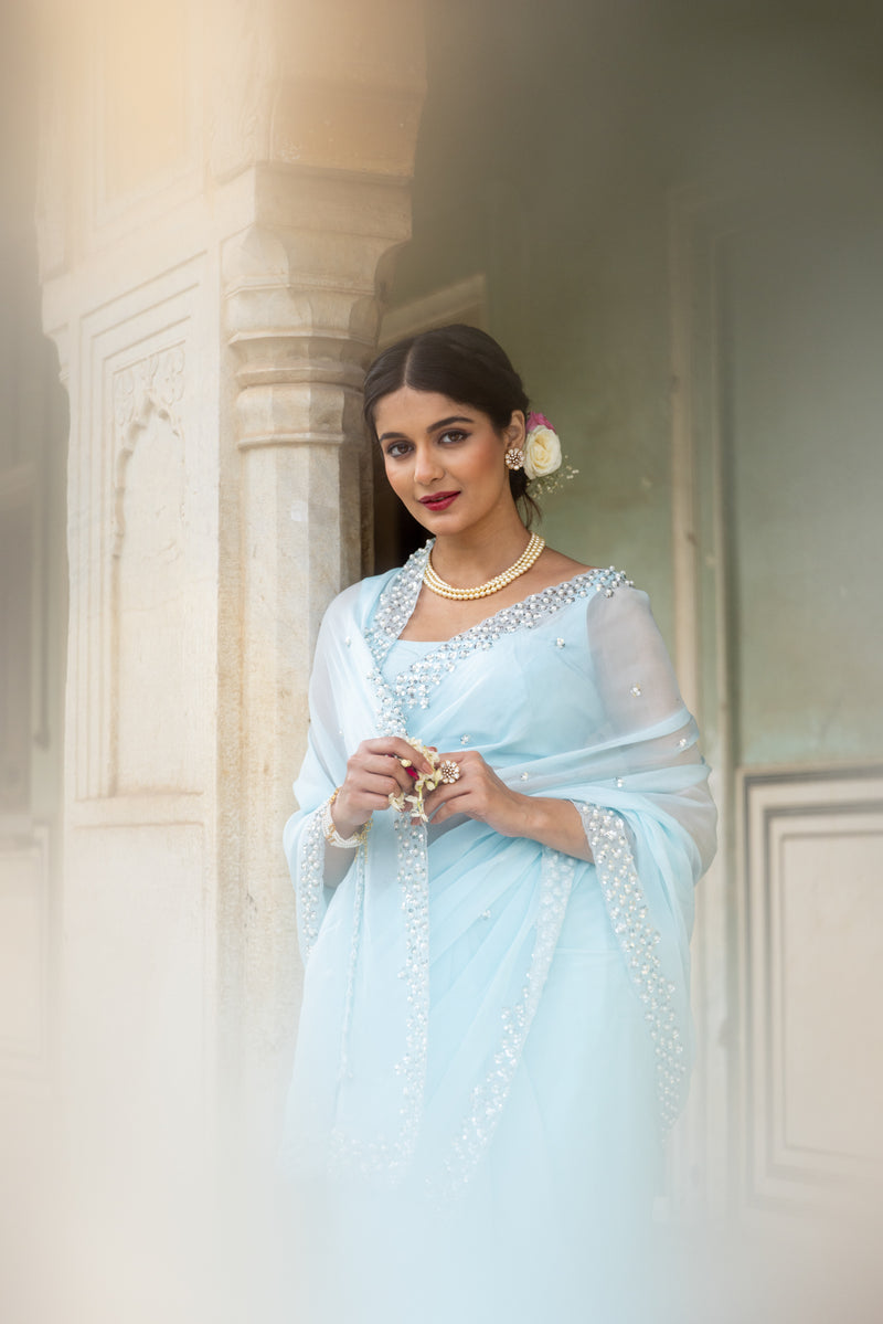 Sky Blue Pearl Border Organza Saree