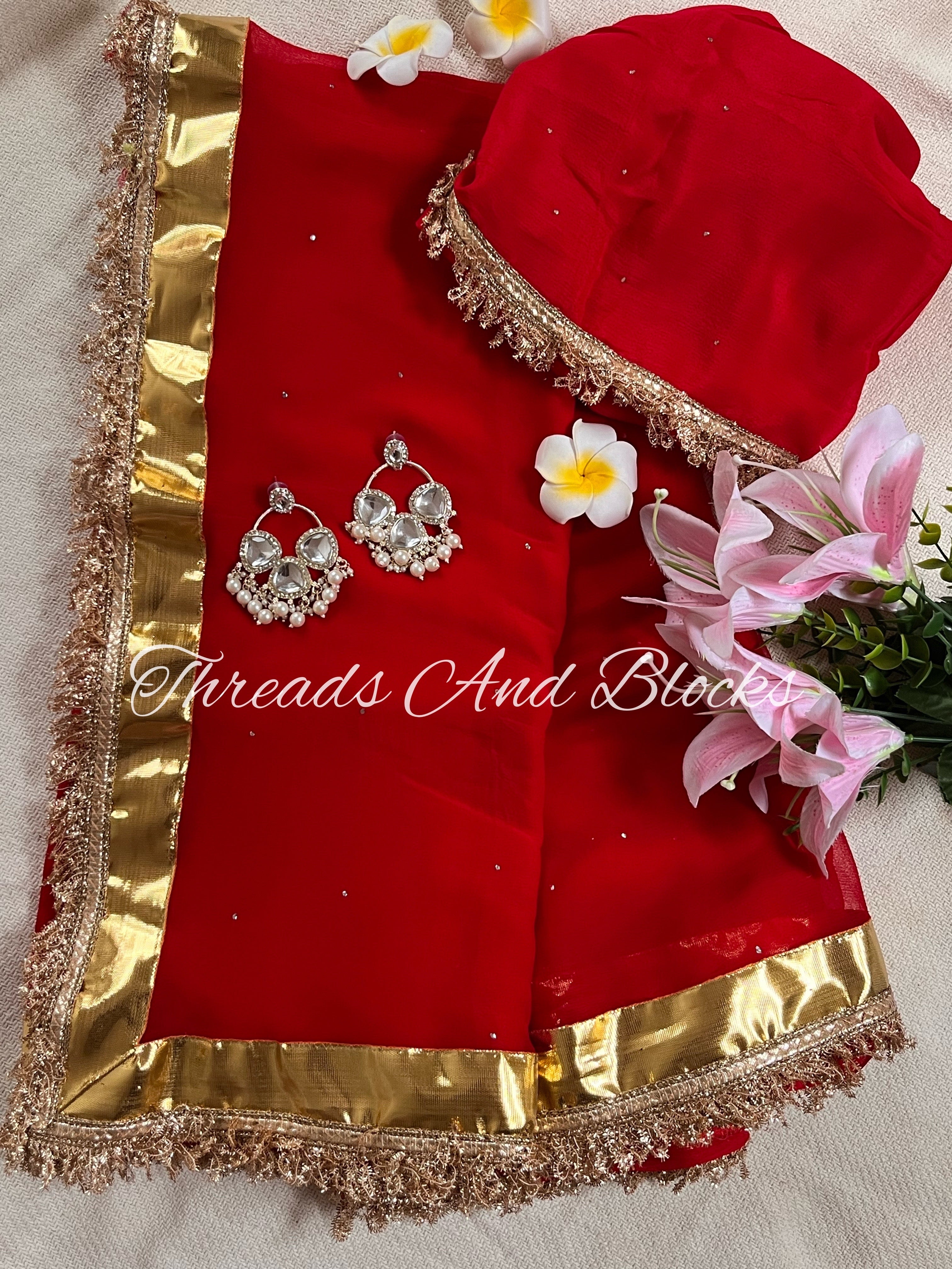 Red Mukaish Lappa Border Saree