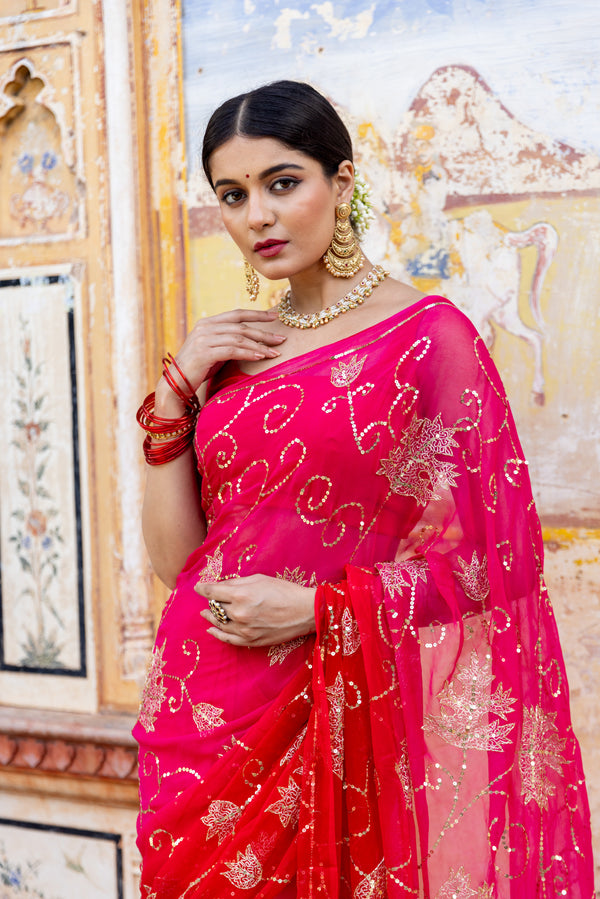 Rani Red Mesh Leaf Jaal Saree