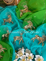Green Blue Dazzling Deer Chiffon Saree