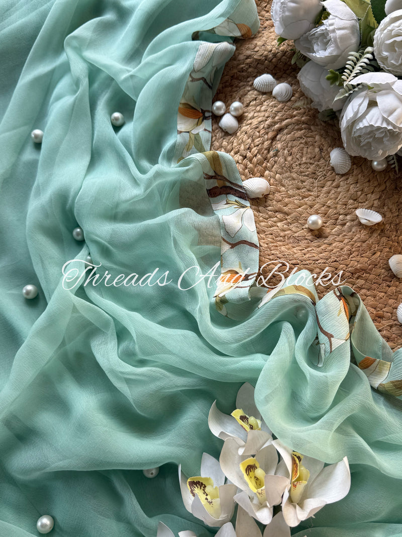 Alice Blue Saree with Printed Border