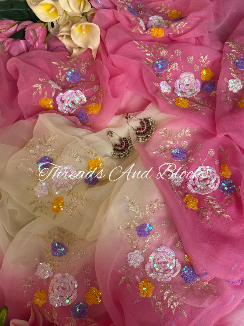 Cream and Pink Floral Bunch Saree