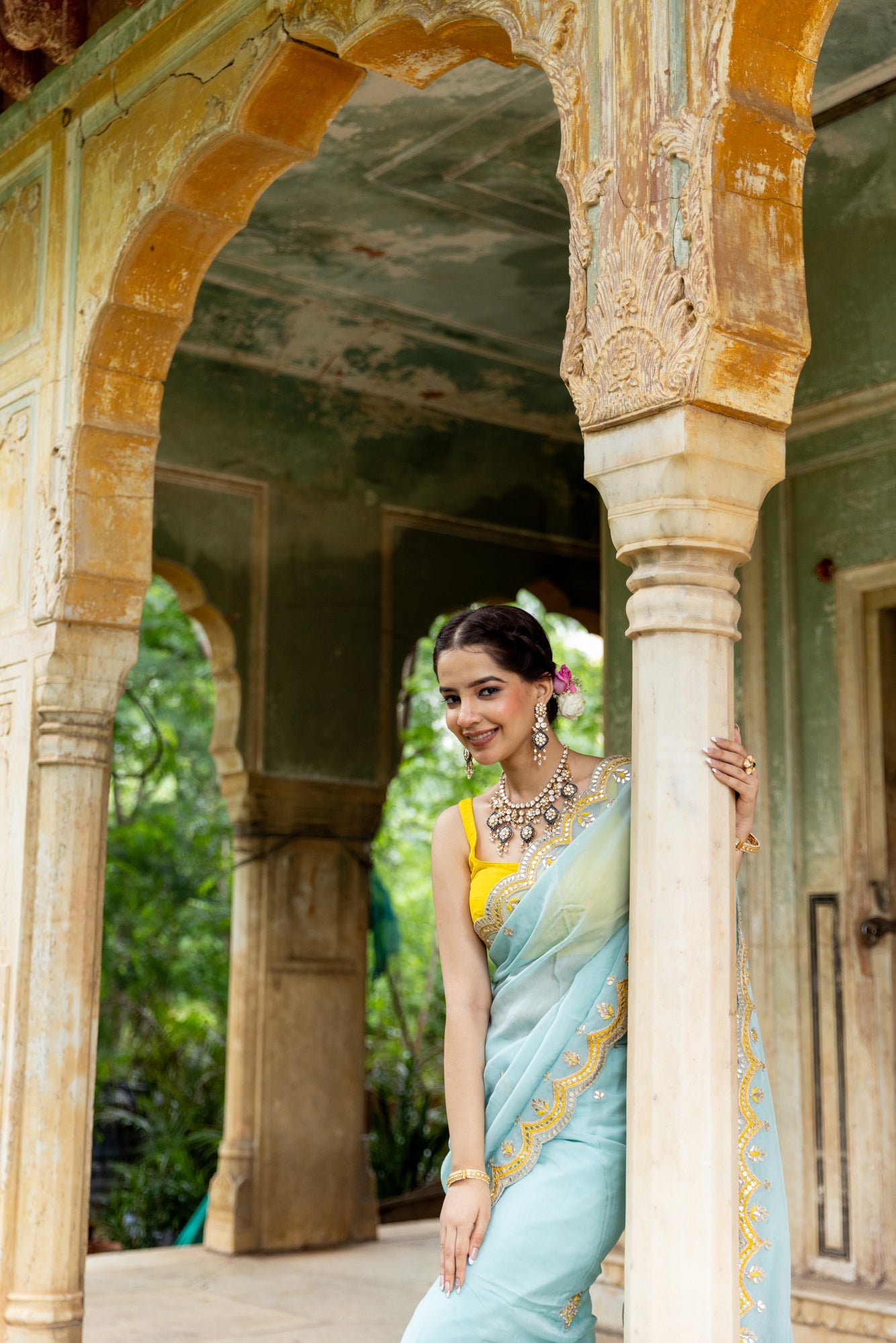 Aqua Yellow Organza Gotapatti Saree