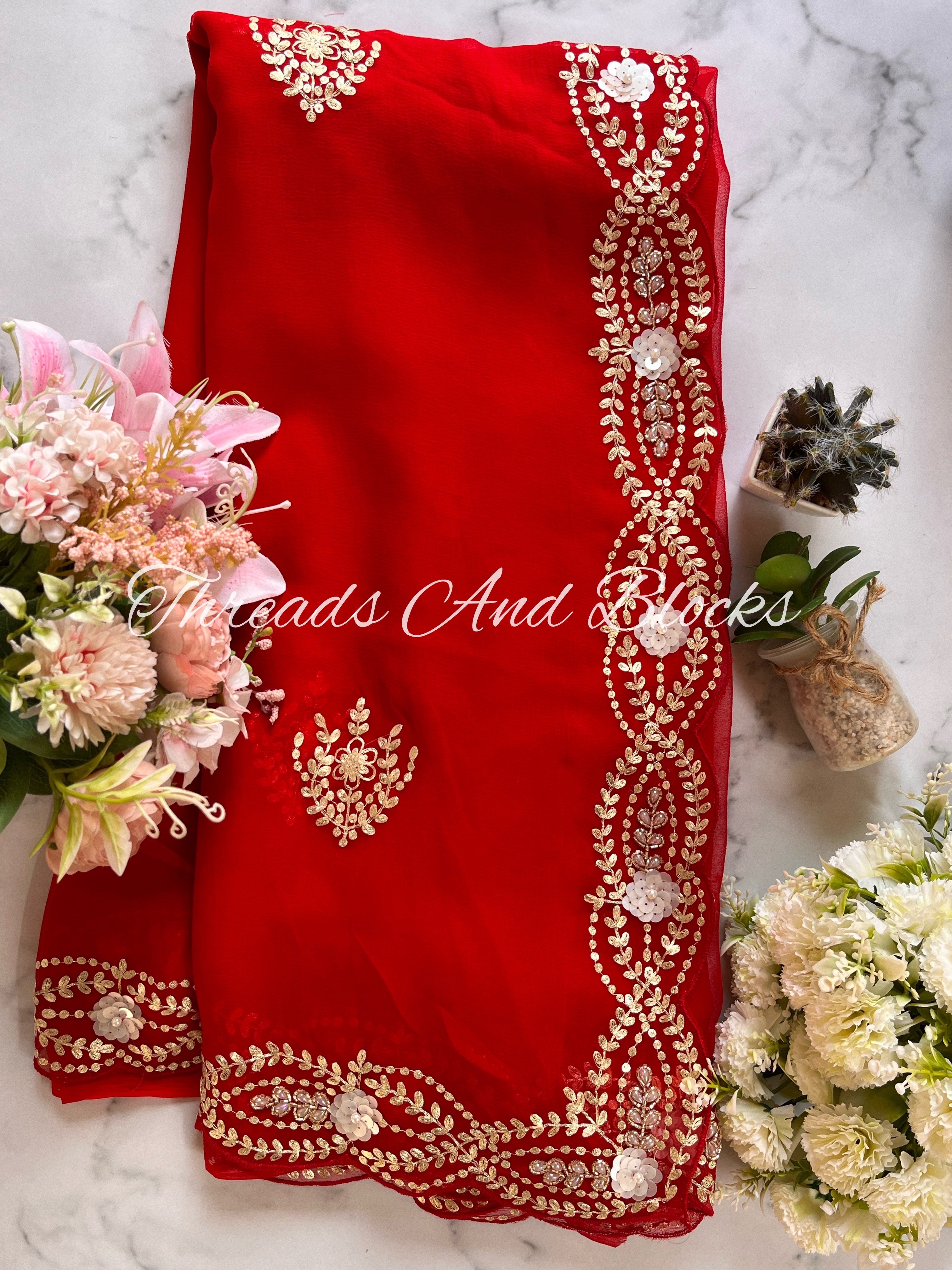 Red Pittan with 3D Buta Border Saree