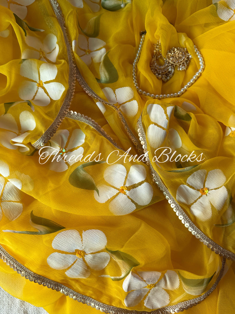 Zesty Yellow Hibiscus Border Saree
