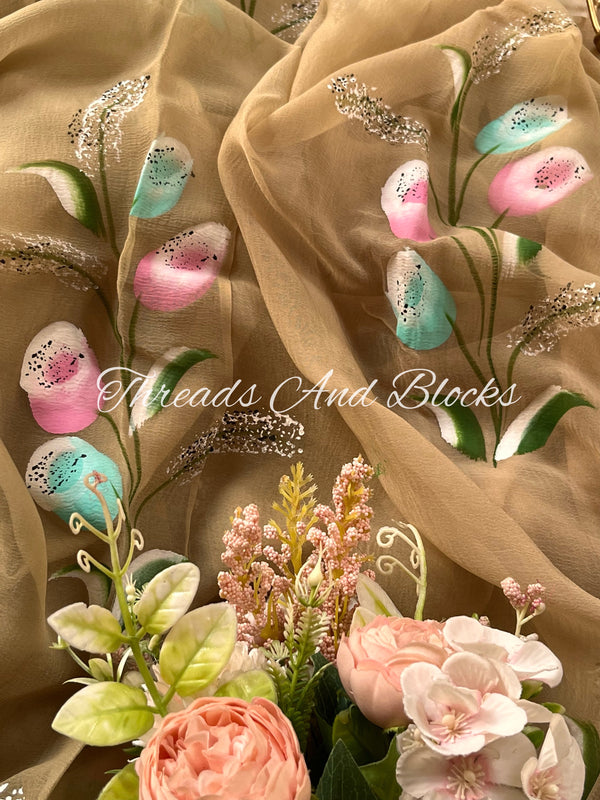 Fawn Tulip Buds Hand Painted Saree