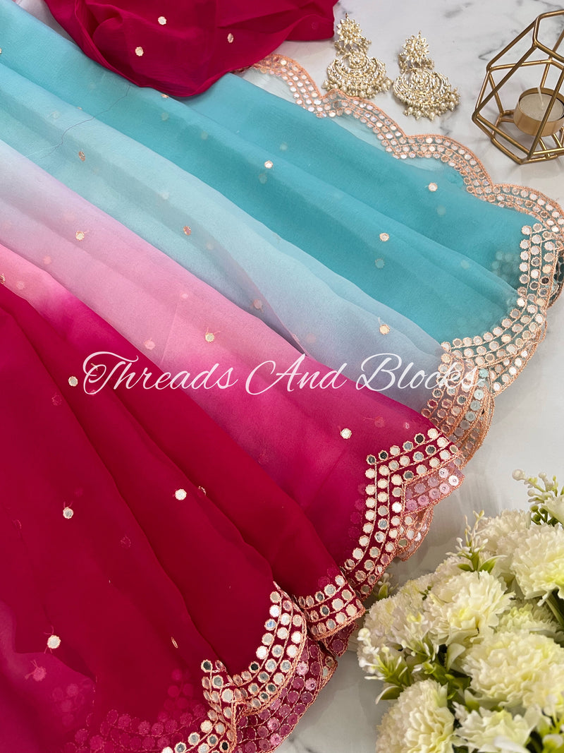 Blue Pink Scalloped Mirror Border Saree