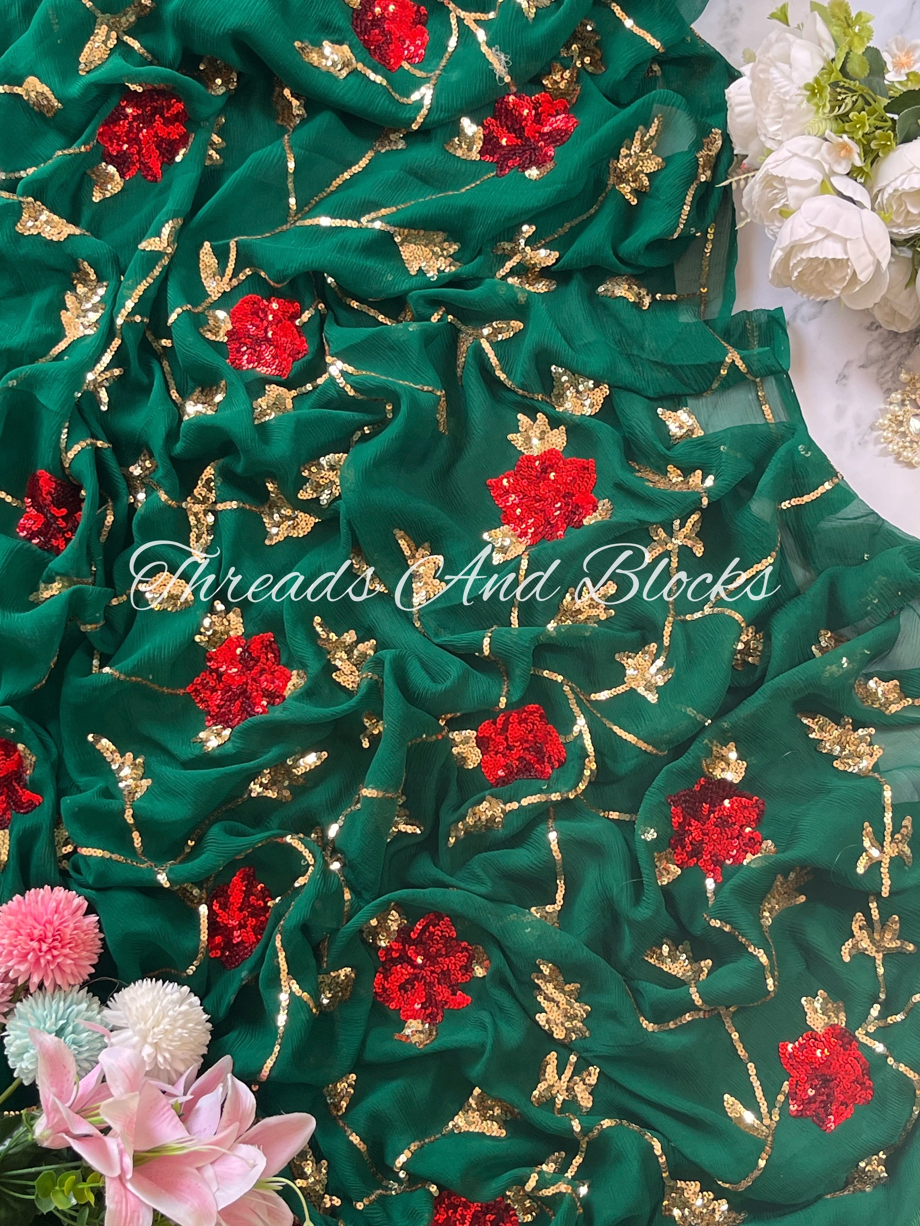 Bottle Green with Red Floral Jaal Saree