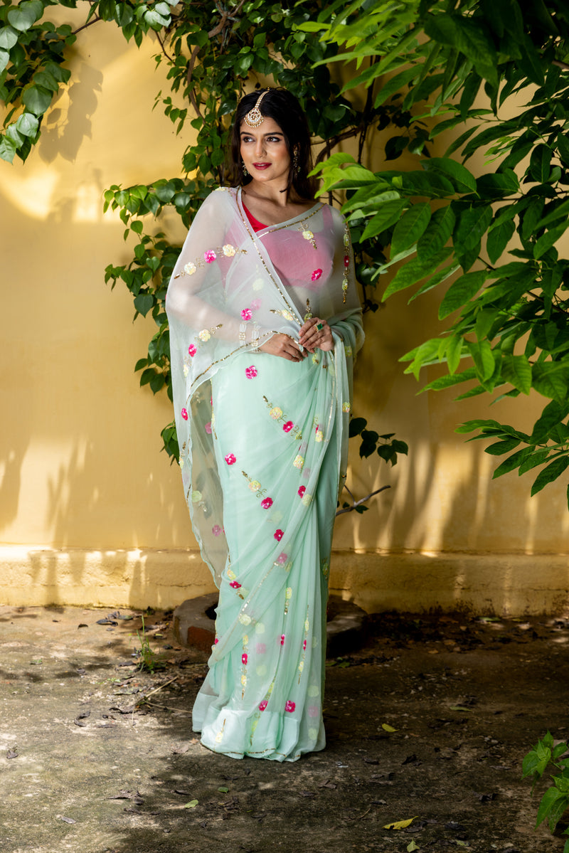 Mint Floral Bel Saree