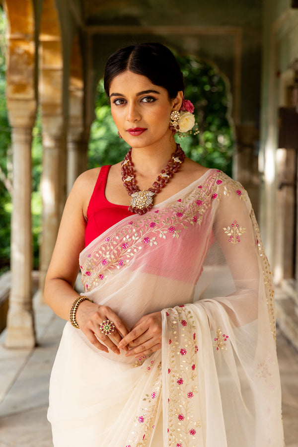 Off white Gotapatti Mirror Border Saree