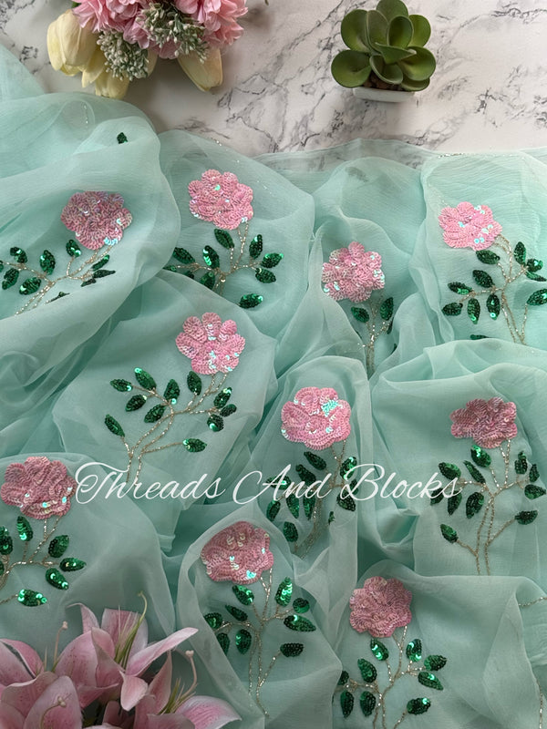 Minty Green Long Stem Floral Buta Saree