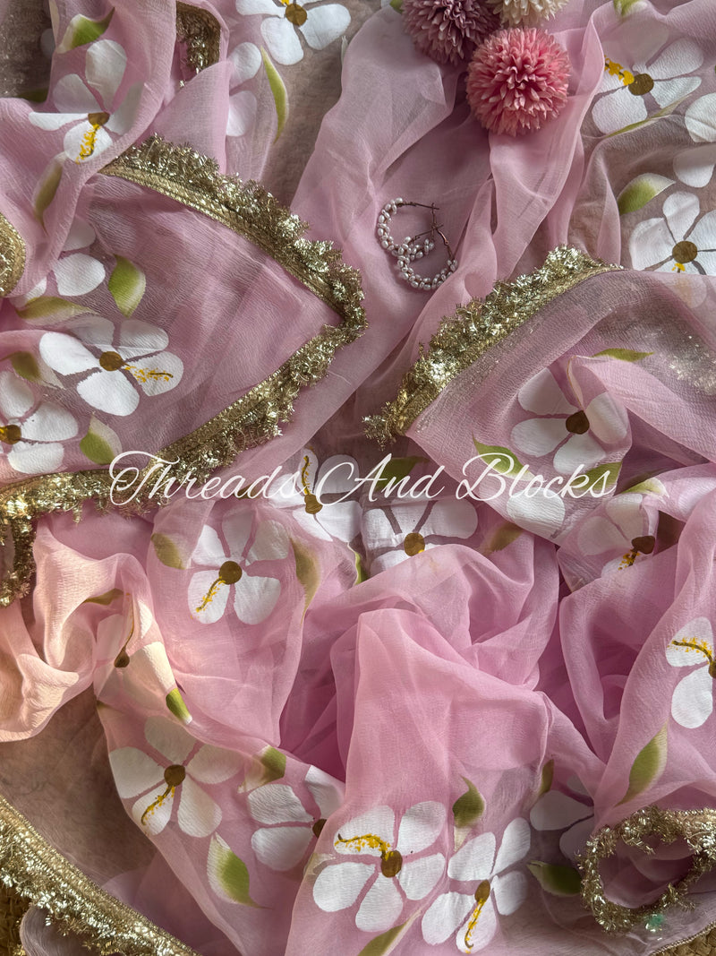 Baby Pink Hibiscus Saree