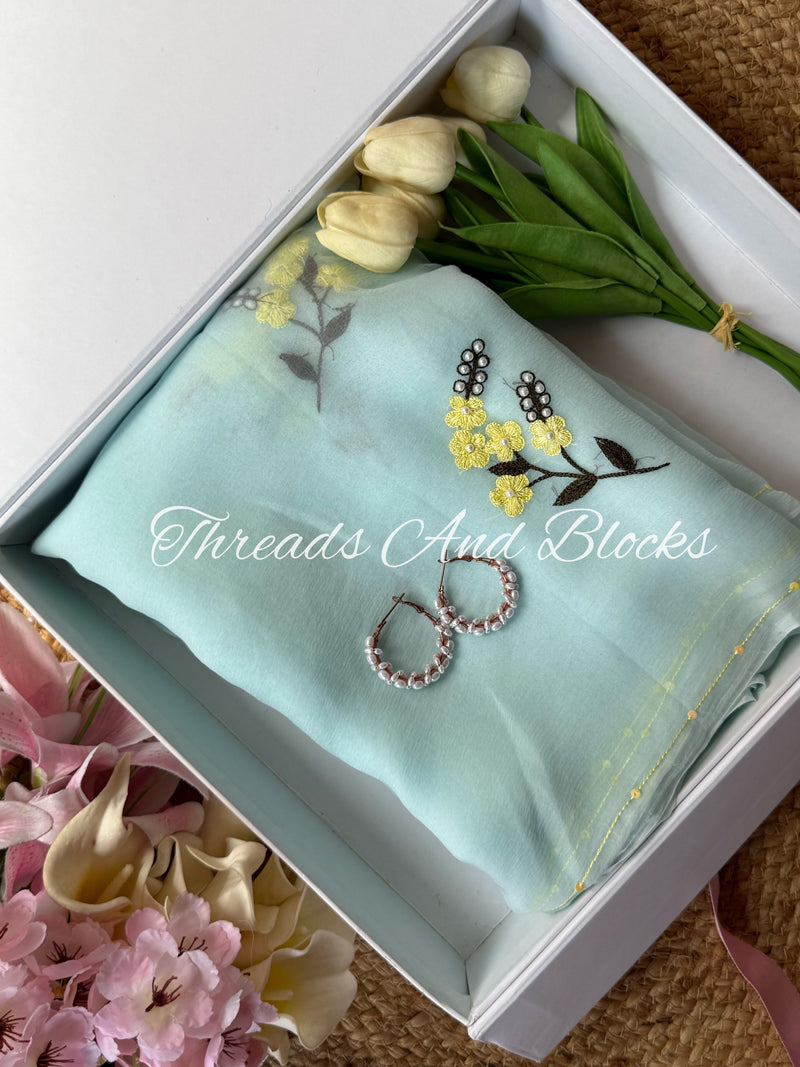 Powder Blue Resham Flower Saree