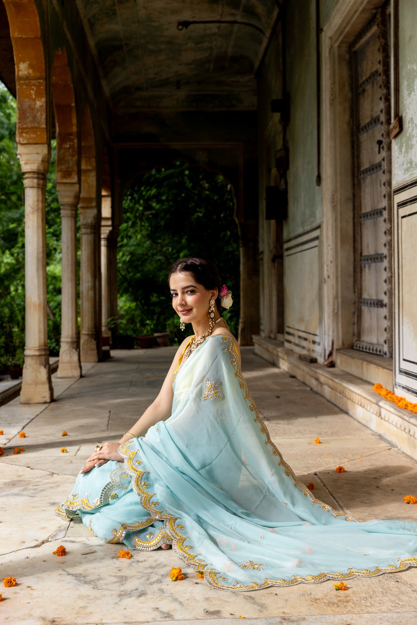 Aqua Yellow Organza Gotapatti Saree