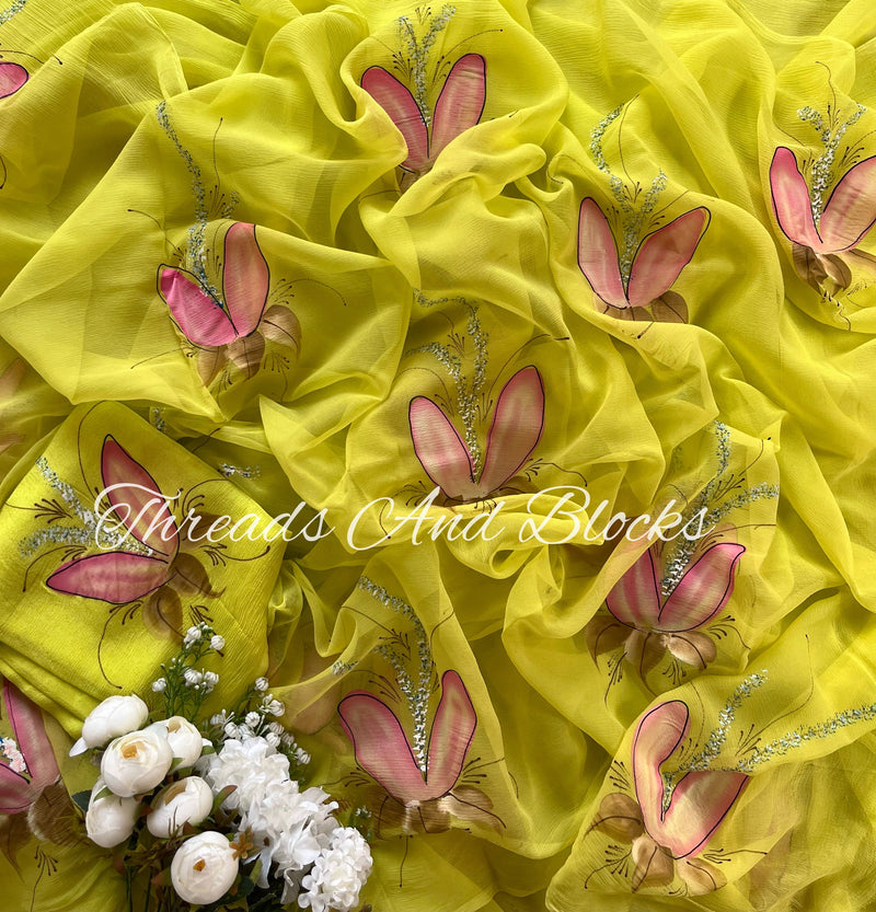Half Water Lily Hand Painted Saree