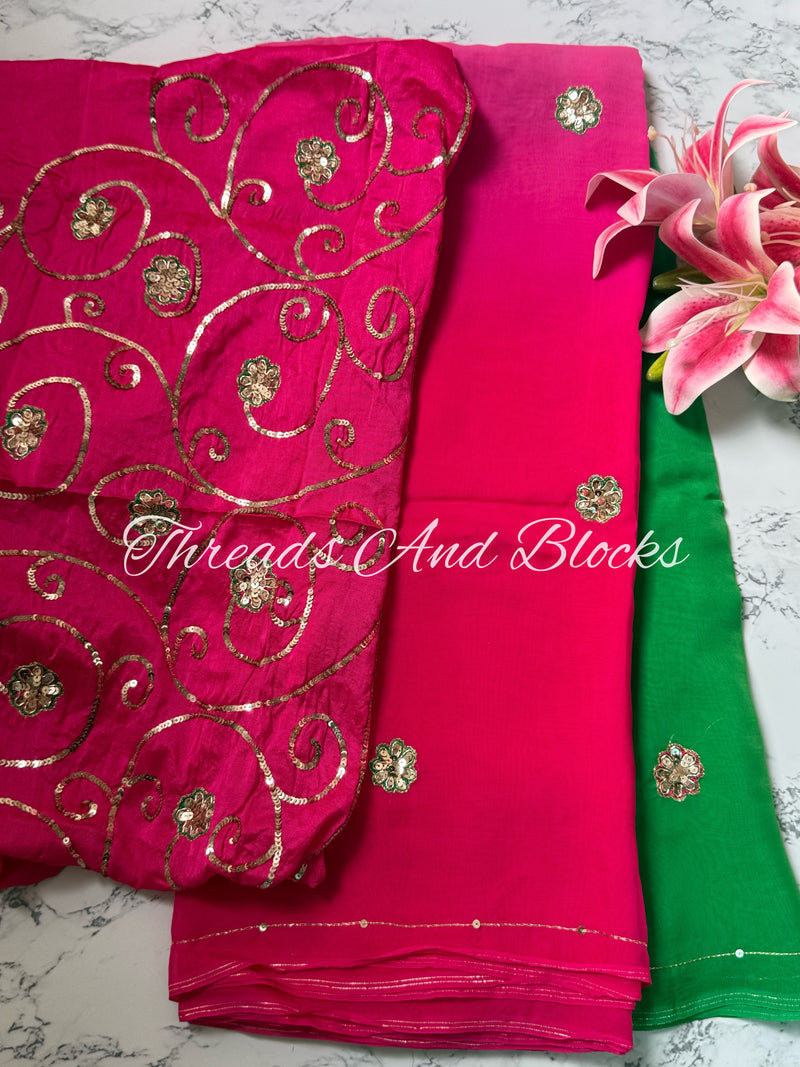 Green Pink Organza Saree with Jaal Blouse