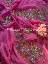 Pink Silver Gold Sequin Buta Saree