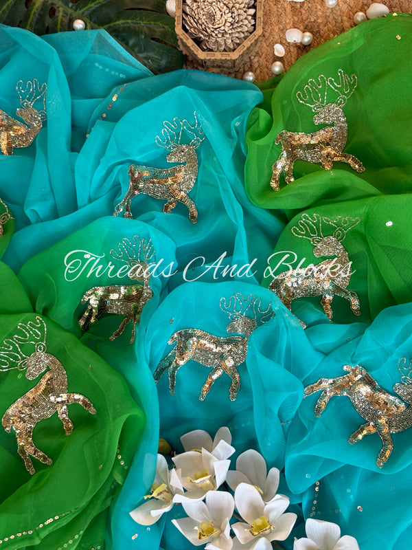 Green Blue Dazzling Deer Chiffon Saree