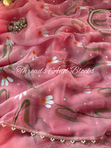 Rose Pink Snowdaisy Handpainted Saree