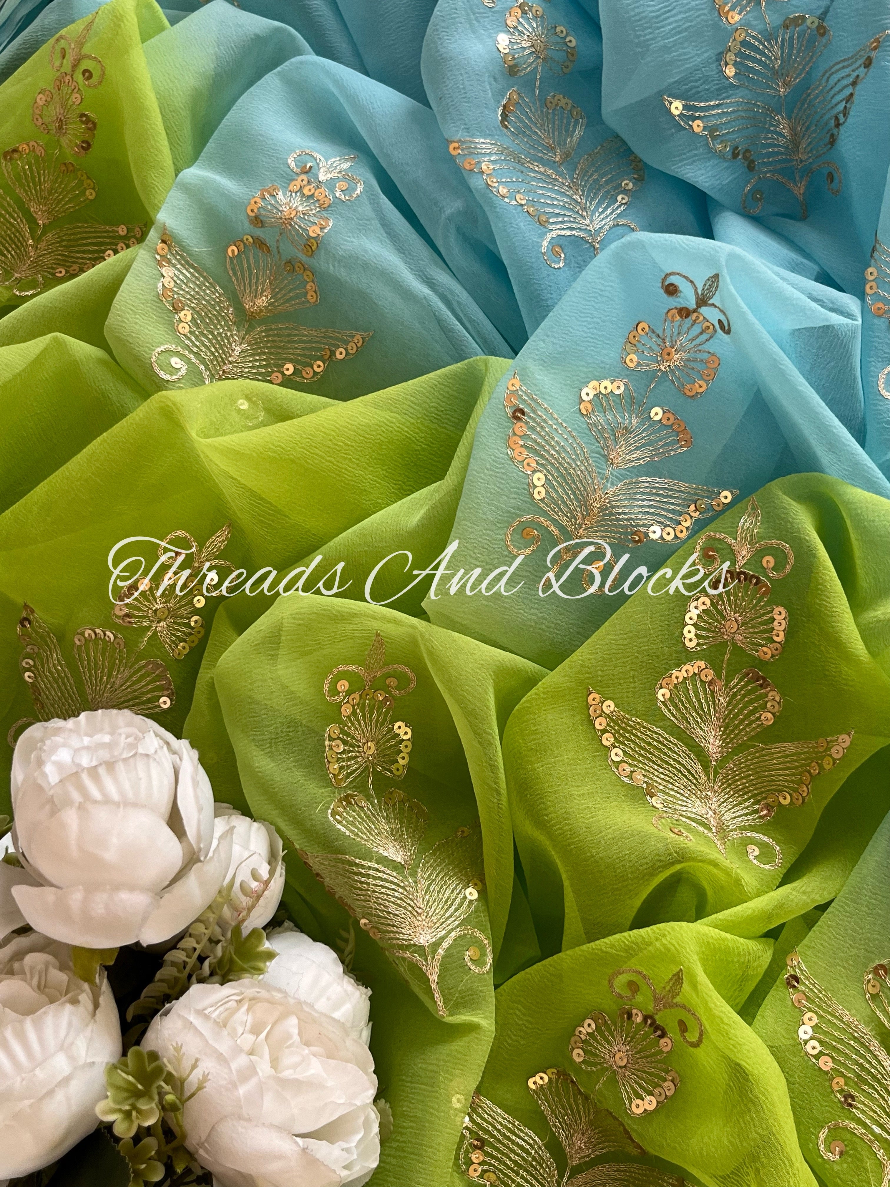 Blue Green Aari Mughal Buta Saree