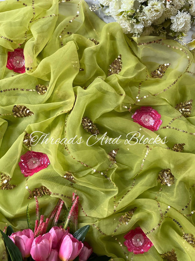 Mehendi Green Sequin Rose Jaal Saree