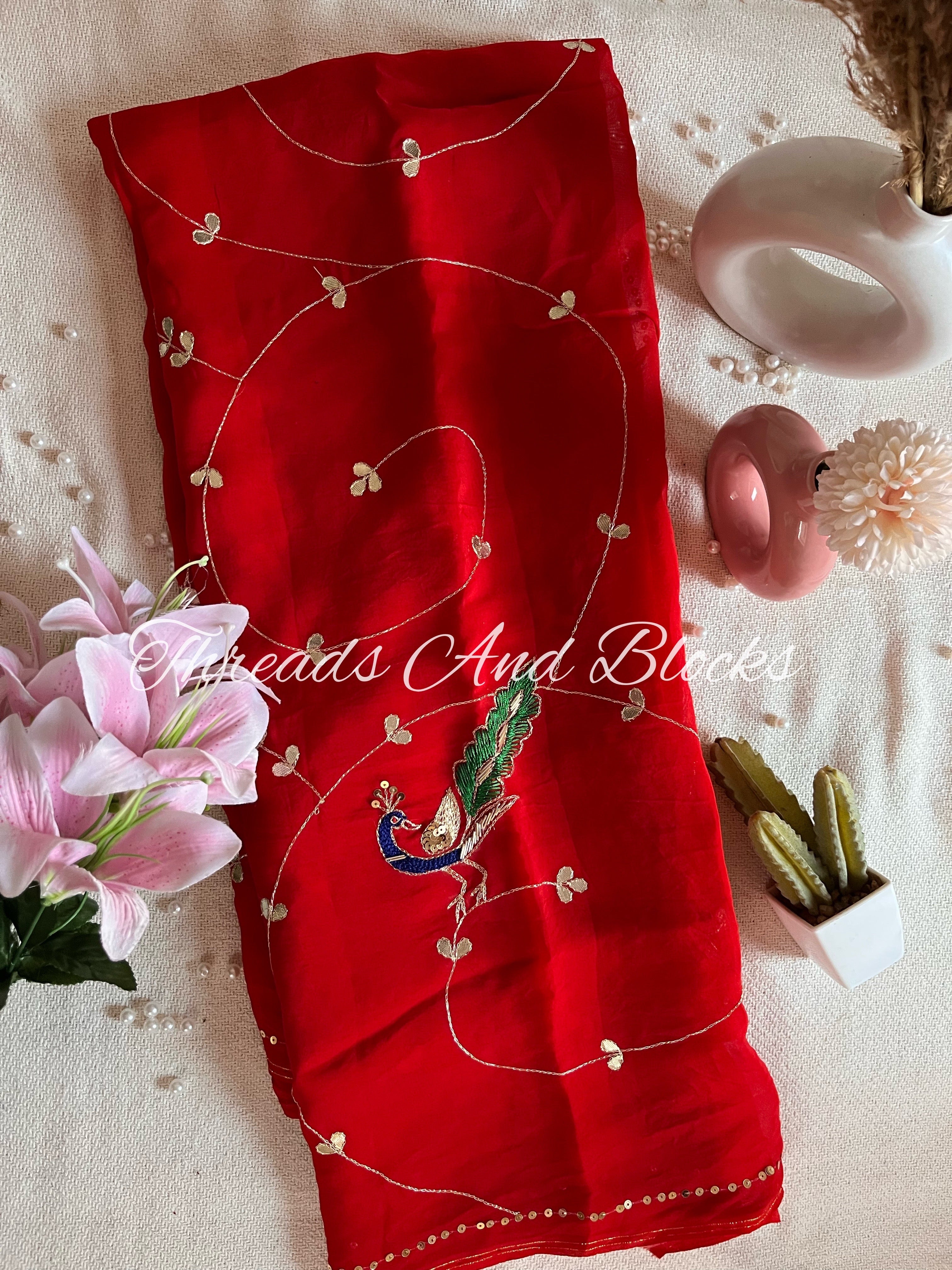 Red Organza Peacock Jaal Saree