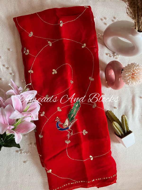 Red Organza Peacock Jaal Saree