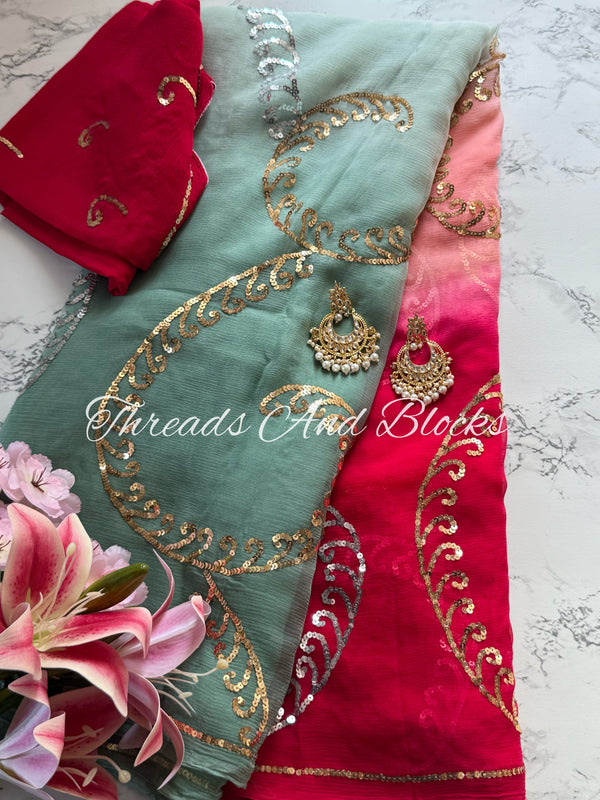Greyish Green and Pink Sequin Cocktail Jaal Saree