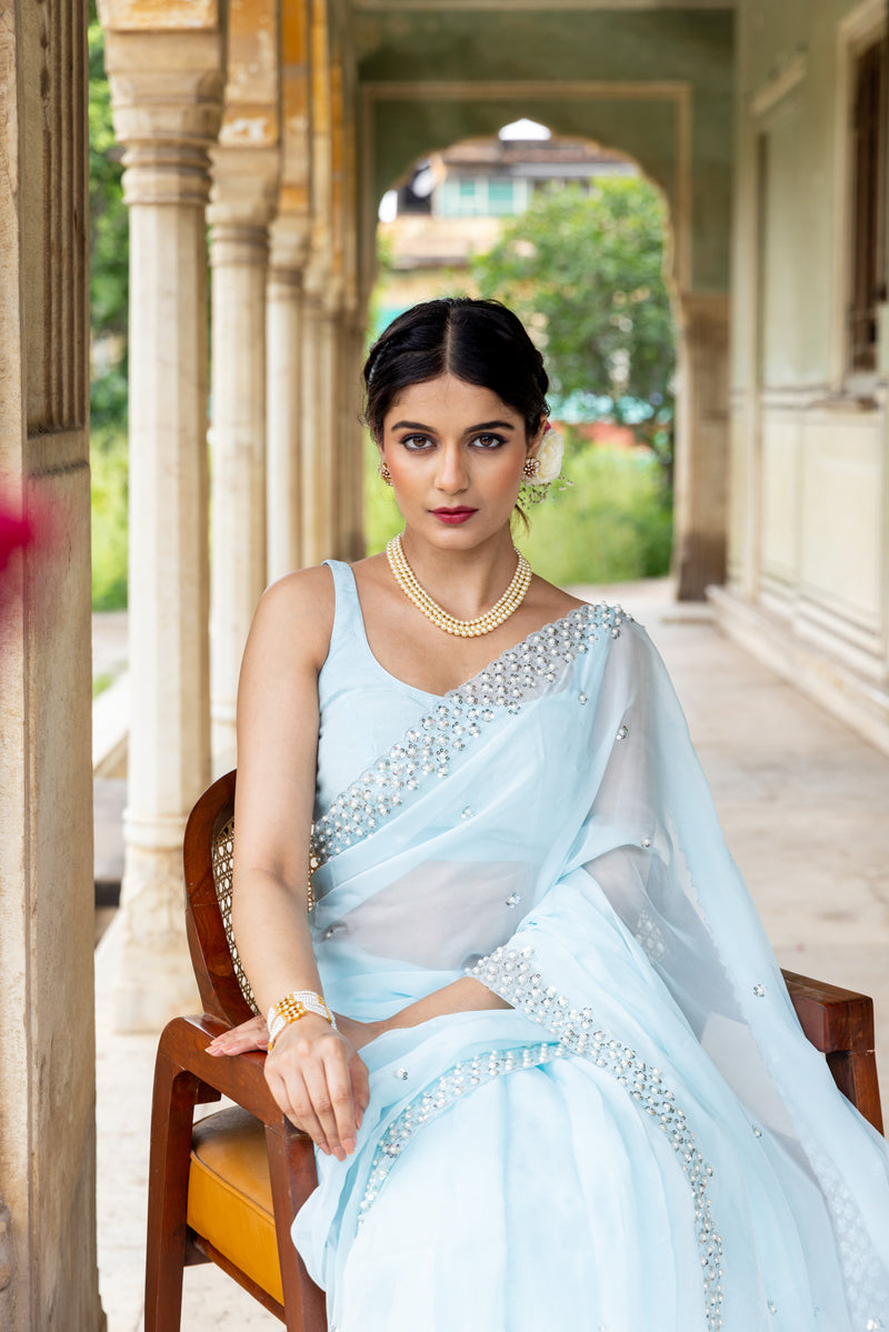 Sky Blue Pearl Border Organza Saree