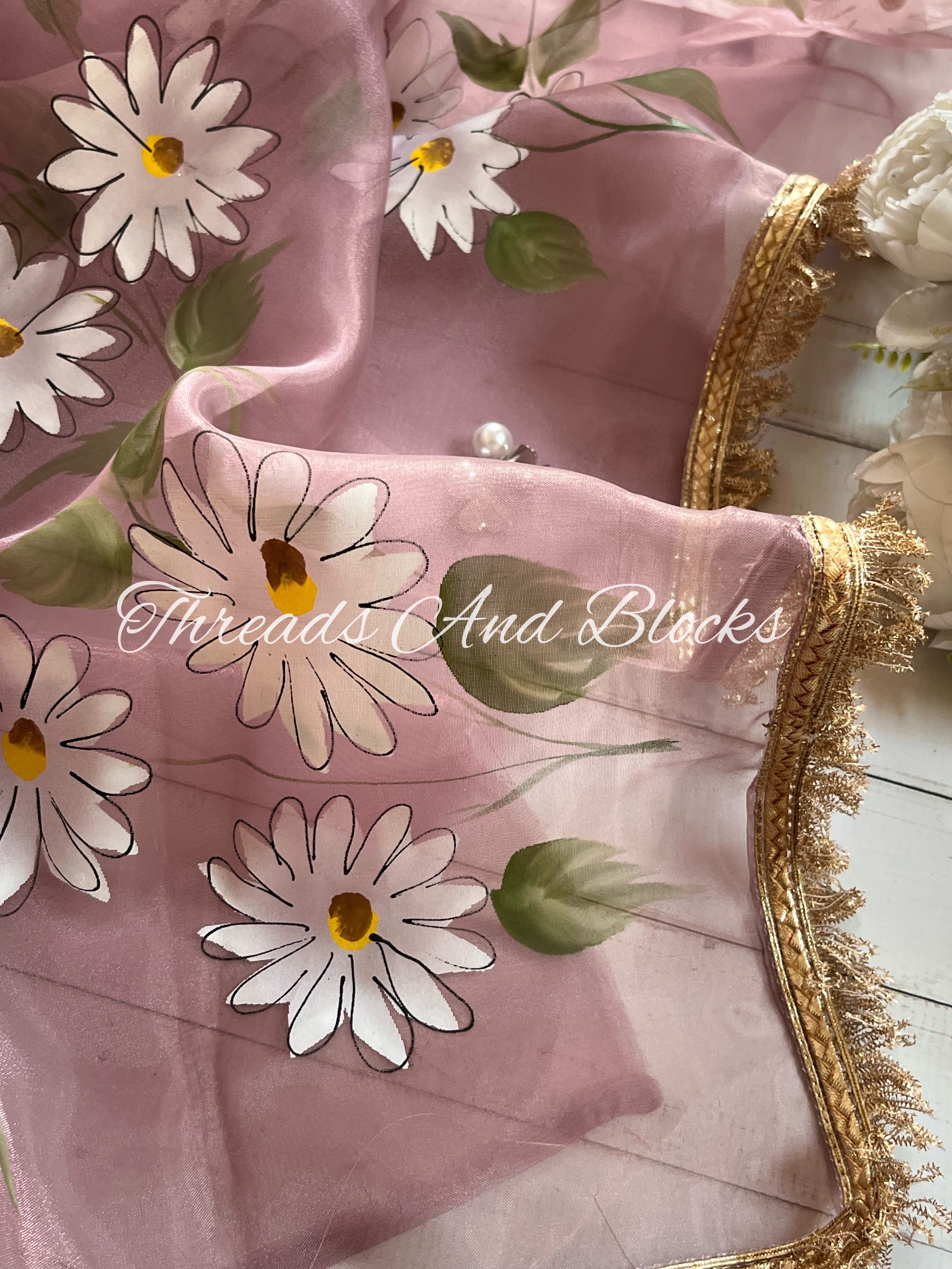 Mauve Daisy Tissue Hand Painted Saree