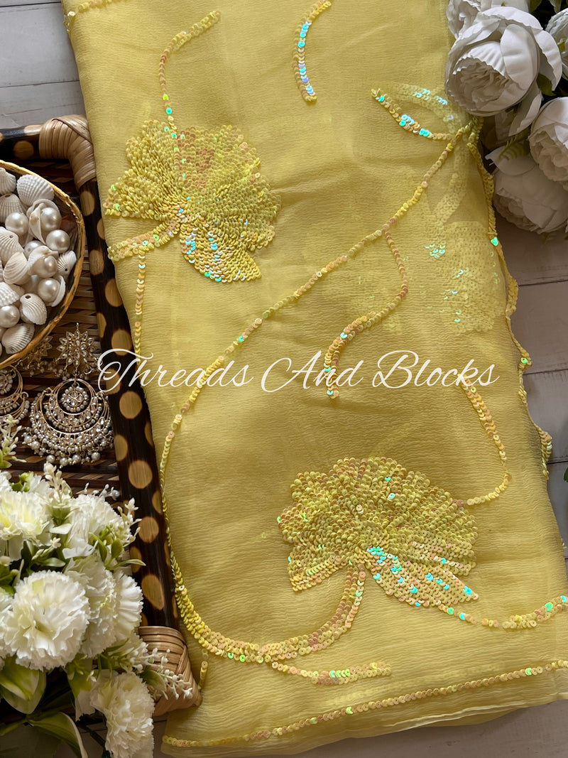 Soft Lemon Sequin Floral Border Saree