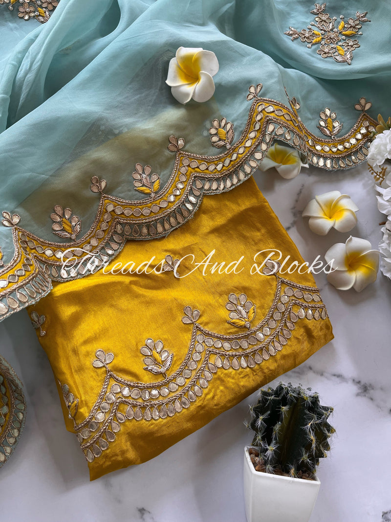 Aqua Yellow Organza Gotapatti Saree