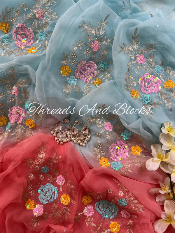 Sky and Coral Floral Bunch Saree