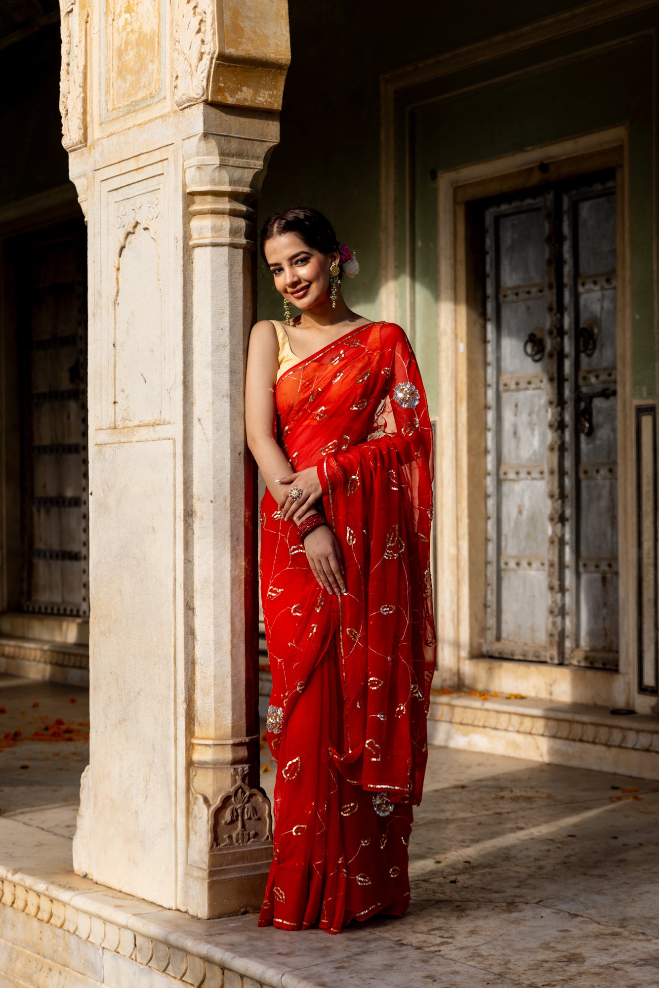 Flaming Red Silver Gold Floral Jaal Saree